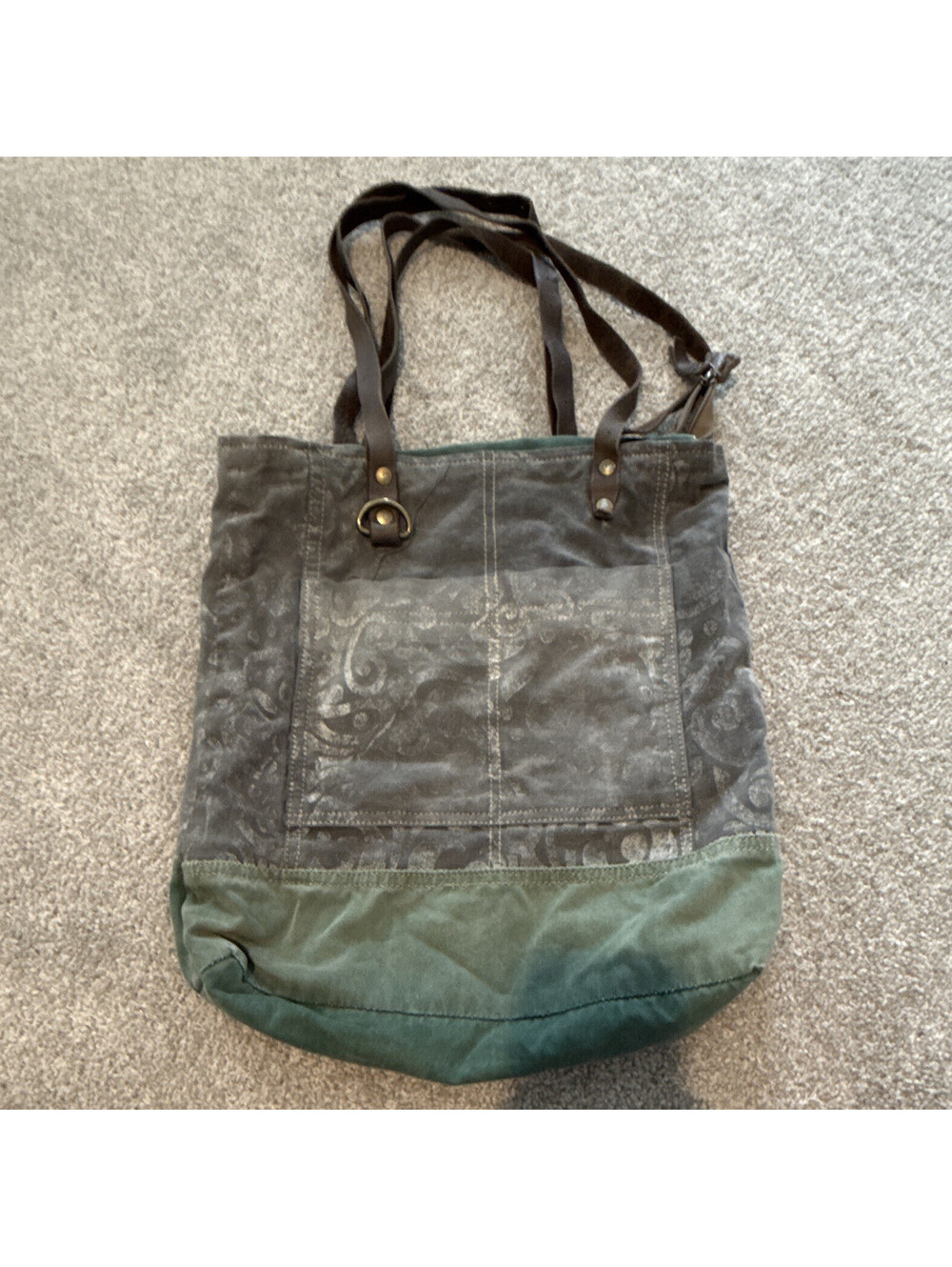 Myra Bag Gray Green Tote Zip Top Pockets Brown Leather Strap BOHO